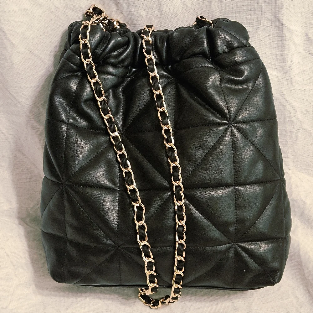A New Day Black Quilted Vegan Leather Ruched Hobo Pouch Small Shoulder Bag